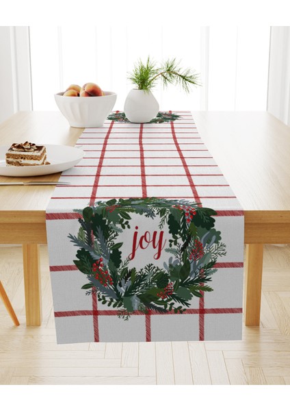 Yılbaşı Temalı Çelenk Desenli Joy Yazılı Kadife Runner
