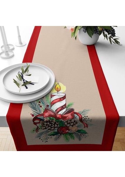 Yılbaşı Temalı Mum Desenli Kadife Runner