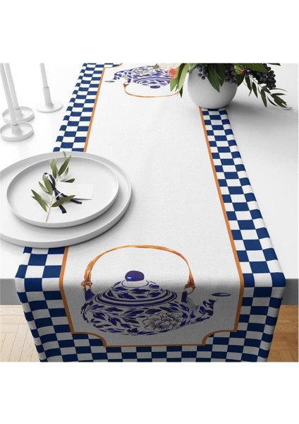 Mavi Pötikare Desenli Kadife Runner