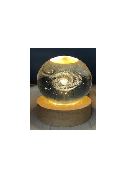 Dekoratif Samanyolu Tasarımlı Ahşap Altlıklı Işıklı Cam Küre Cam:6cm Ahşap:2cm