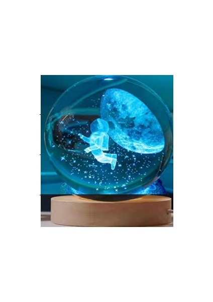 Dekoratif Uçan Astronot Tasarımlı Ahşap Altlıklı Işıklı Cam Küre Büyük Boy Cam:8cm Ahşap:2cm