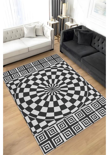 Damalı İllüzyon Geometrik Desenli Halı Siyah Beyaz Oturma Odası Halısı Modern Salon Halısı