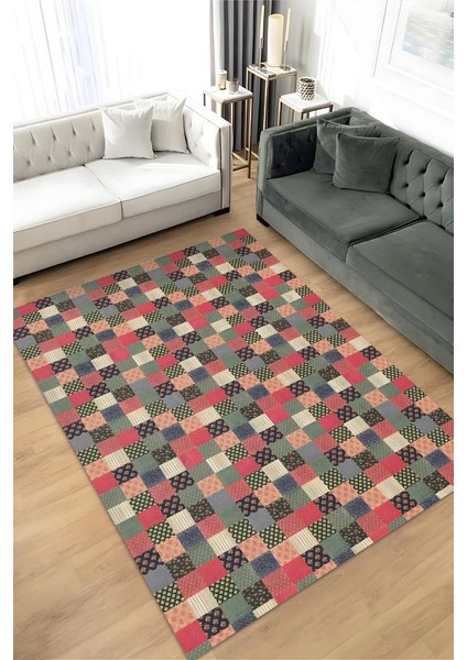 Çiçekli Patchwork Halı Geometrik Halı Renkli Kareli Oturma Odası Halısı Çiçekli Salon Halı