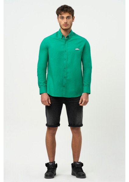 Yeşil Uzun Kollu Erkek Keten Gömlek M50090