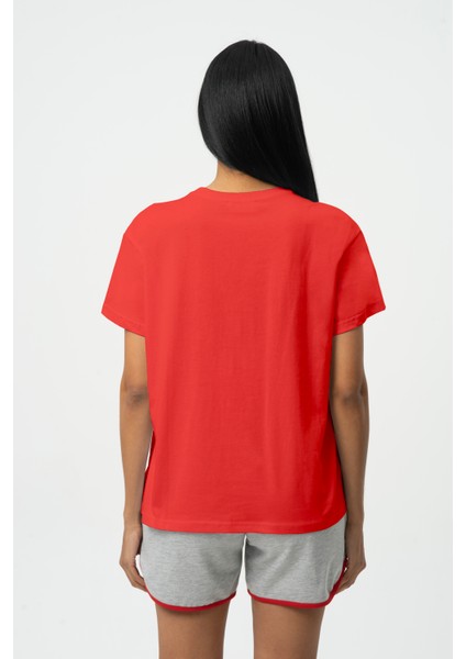 Kırmızı Bisiklet Yaka Baskılı Kısa Kollu Kadın T- Shirt W50061