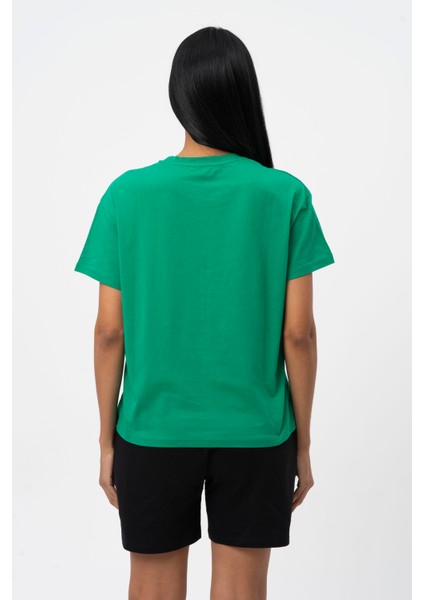 Yeşil Bisiklet Yaka Kısa Kollu Baskılı Penye Kadın T-shirt W50068