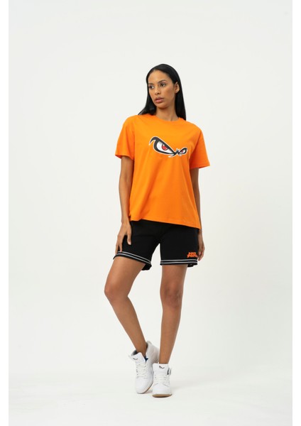 Turuncu Bisiklet Yaka Baskılı Kısa Kollu Kadın T- Shirt W50061