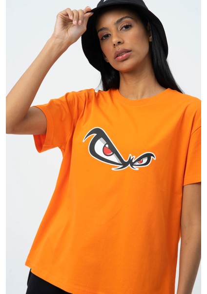 Turuncu Bisiklet Yaka Baskılı Kısa Kollu Kadın T- Shirt W50061