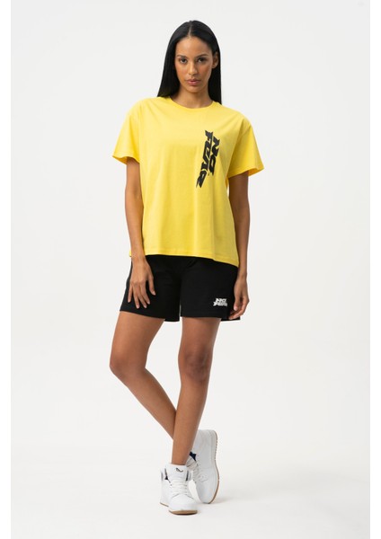 Sarı Bisiklet Yaka Kısa Kollu Baskılı Penye Kadın T-shirt W50064
