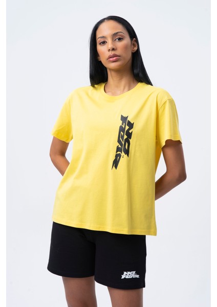 Sarı Bisiklet Yaka Kısa Kollu Baskılı Penye Kadın T-shirt W50064