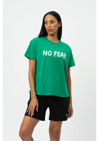 Yeşil Bisiklet Yaka Kısa Kollu Baskılı Penye Kadın T-shirt W50068