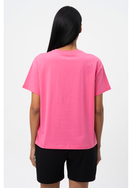 Fuşya Bisiklet Yaka Kısa Kollu Baskılı Penye Kadın T-shirt W50068
