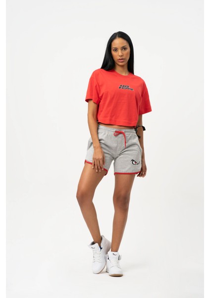 Kırmızı Bisiklet Yaka Kısa Kollu Crop T-shirt W50069
