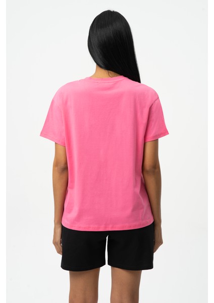 Pembe Bisiklet Yaka Kısa Kol Penye Kadın T-shirt W50062