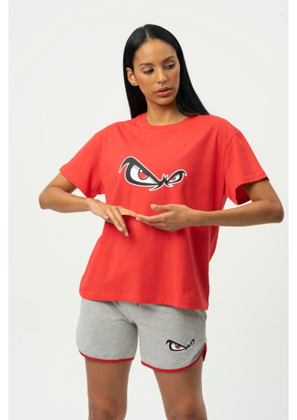 Kırmızı Bisiklet Yaka Baskılı Kısa Kollu Kadın T- Shirt W50061