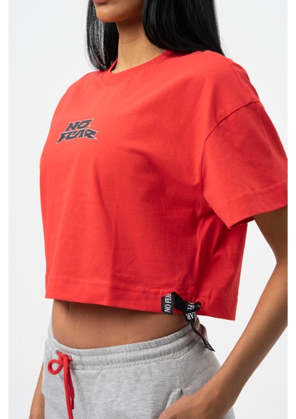 Kırmızı Bisiklet Yaka Kısa Kollu Crop T-shirt W50069