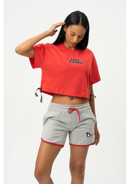 Kırmızı Bisiklet Yaka Kısa Kollu Crop T-shirt W50069