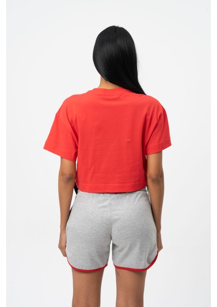 Kırmızı Bisiklet Yaka Kısa Kollu Crop T-shirt W50069