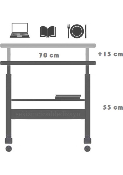 Yükseklik Ayarlı ve Çift Raflı Laptop Sehpası ve Çalışma Masası - Atlantik Çam (Tekerli) 70 x 40 cm