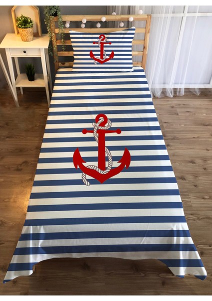 Kırmızı Gemi Çapa Desenli Tek Kişilik Kadife Yatak Örtüsü -Beyaz