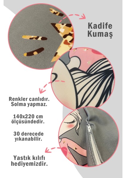 Pembe Kalp Desenli Tek Kişilik Kadife Yatak Örtüsü -Beyaz