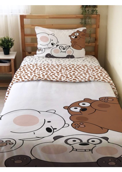 Çift Taraflı Sevimli Ayılar Desenli Çarşafsız 2'li Set Baskılı Tek Kişilik Nevresim Takımı