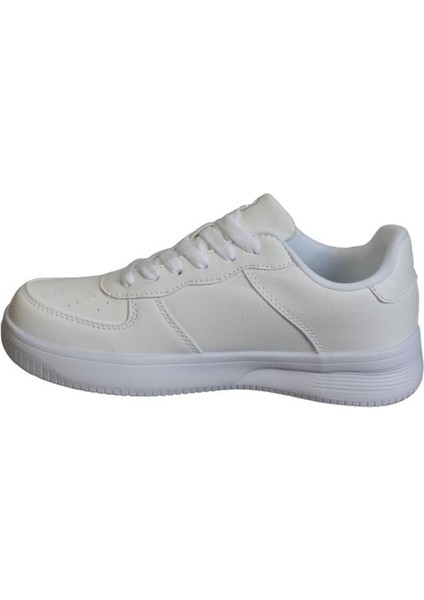 Erkek Beyaz Cilt Bağcıklı Düz Kalın Taban Sneaker Spor Ayakkabı