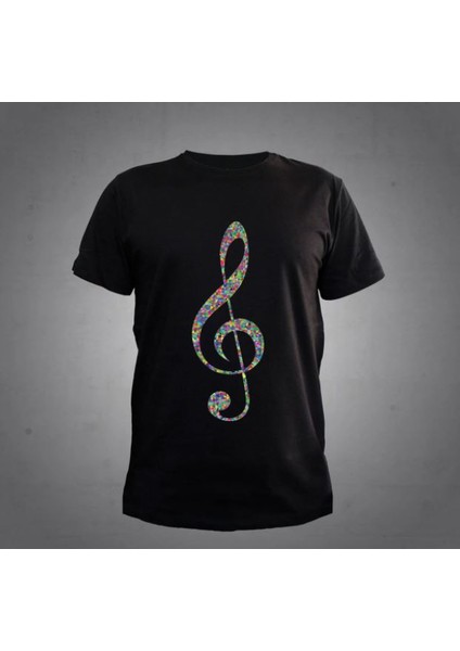 Renkli Sol Anahtar Siyah T-Shirt