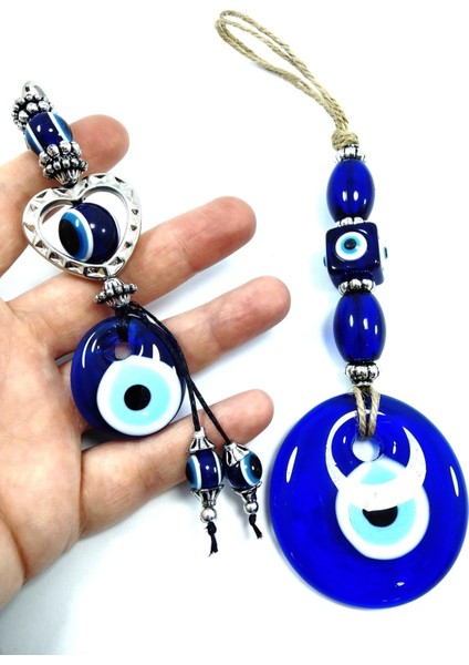 Nazar Boncuğu Duvar Dekoru Kalpli Anahtarlık Cam El Yapımı Set