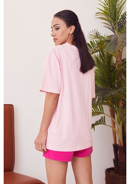 W Baskılı T-Shirt-Pembe