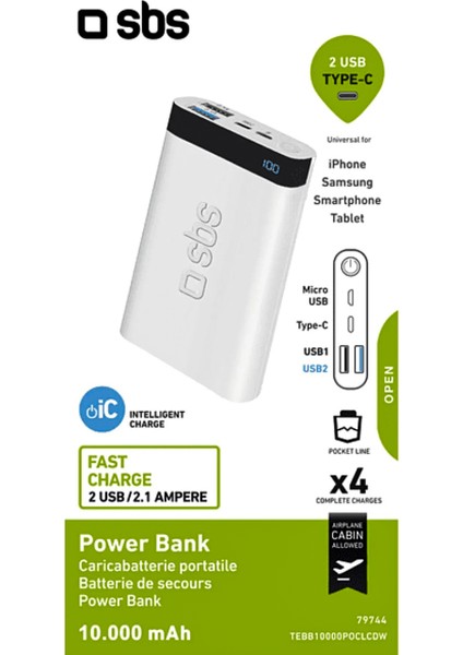 Intelligent Fast Charge 10.000MAH 2xusba + Type-C Çıkışlı LED Göstergeli 2m Type-C To Lightning Kablolu Powerbank Beyaz