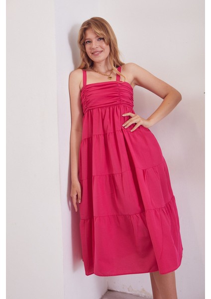 Poplin Askılı Elbise-Fuşya