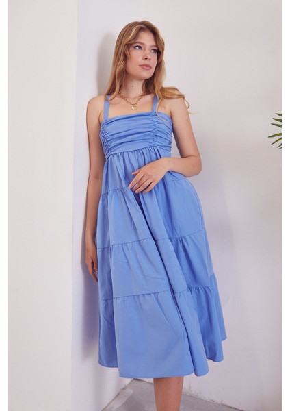 Poplin Askılı Elbise-Mavi