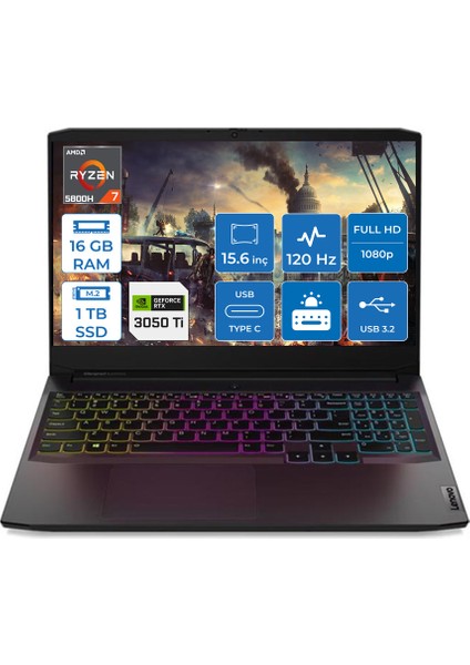 IdeaPad 3 AMD Ryzen 7 5800H 16GB 1TB SSD 4GB RTX3050Ti Freedos 15.6'' FHD Taşınabilir Bilgisayar 82K2023DTX004