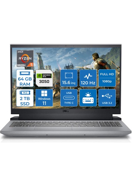 Gaming G15 5525 AMD Ryzen 5 6600H 64GB 2TB SSD 4GB RTX3050 Windows 11 Home 15.6'' FHD Taşınabilir Bilgisayar G1555251000WH09