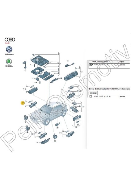 Pelit Otomotiv Audi A4 2001-2005 Bagaj Aydınlatma Lambası 8D0947415 Orijinal