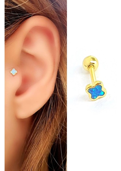 Opal Taşlı 925 Ayar Gümüş Üzerine Altın Kaplama Yonca Tragus Piercing