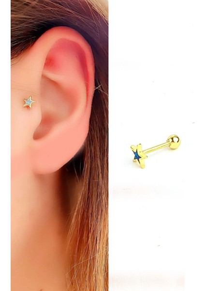 Opal Taşlı 925ayar Gümüş Üzerine Altın Kaplama Yıldız figürlü Tragus Kıkırdak Piercing