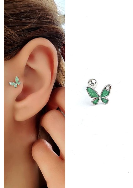 Mineli Kelebek Figürlü 925 Ayar Gümüş Tragus Kıkırdak Piercing