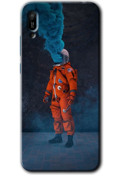 Huawei Y6 2019 Kılıf Hd Desen Baskılı Arka Kapak + Temperli Cam - Smoke Astronot