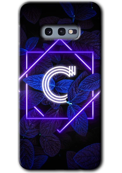 Samsung Galaxy S10E Kılıf Hd Desen Baskılı Arka Kapak + Temperli Cam - Dark Neon Yaprak C Harfi