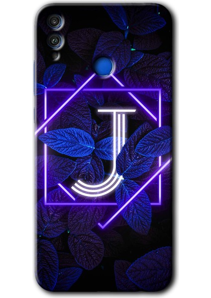 Honor 8c Kılıf Hd Desen Baskılı Arka Kapak + Temperli Cam - Dark Neon Yaprak J Harfi
