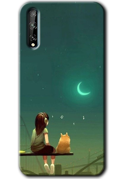 Huawei P Smart S Kılıf Hd Desen Baskılı Arka Kapak + Temperli Cam - Kedili Kız