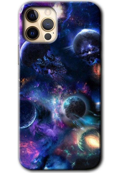 iPhone 12 Pro Kılıf Hd Desen Baskılı Arka Kapak + Temperli Cam - Gezegen Karışımı