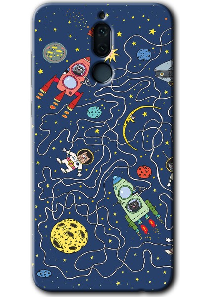 Huawei Mate 10 Lite Kılıf Hd Desen Baskılı Arka Kapak + Temperli Cam - Kedi Galaksi