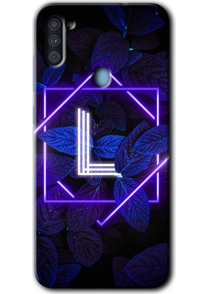 Samsung Galaxy A11 Kılıf Hd Desen Baskılı Arka Kapak + Temperli Cam - Dark Neon Yaprak L Harfi