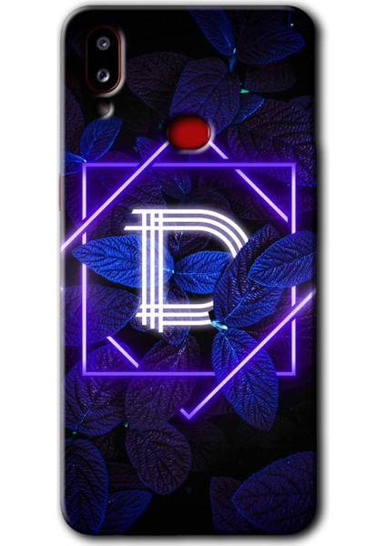 Samsung Galaxy A10S Kılıf Hd Desen Baskılı Arka Kapak + Temperli Cam - Dark Neon Yaprak D Harfi