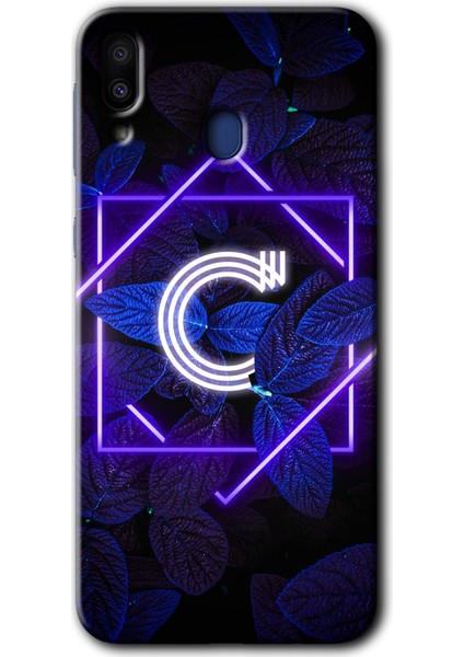 Samsung Galaxy M10S Kılıf Hd Desen Baskılı Arka Kapak + Temperli Cam - Dark Neon Yaprak C Harfi
