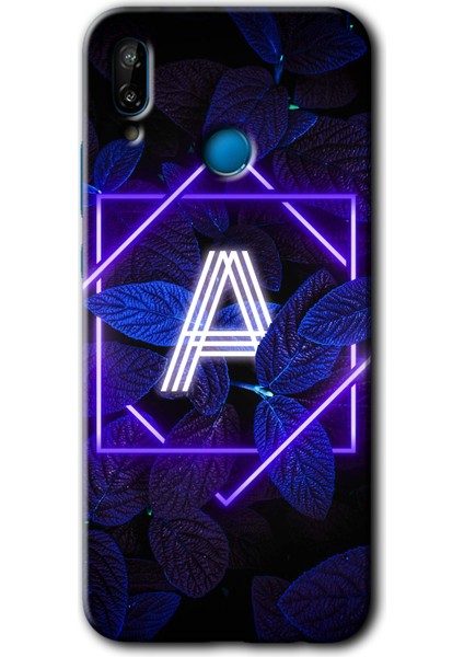 Huawei P20 Lite Kılıf Hd Desen Baskılı Arka Kapak + Temperli Cam - Dark Neon Yaprak A Harfi