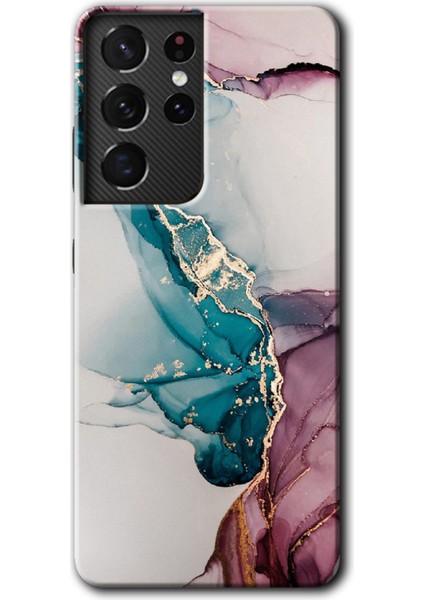 Samsung Galaxy S21 Ultra Kılıf Hd Desen Baskılı Arka Kapak + Temperli Cam - Liquid Mermer